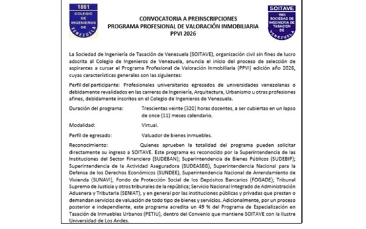 CONVOCATORIA A PREINSCRIPCIONES  -   PROGRAMA PROFESIONAL DE VALORACIÓN INMOBILIARIA  PPVI 2026  -   SOCIEDAD DE INGENIERÍA DE TASACIÓN DE VENEZUELA