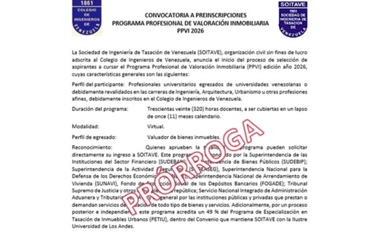 PRÓRROGA -  PROGRAMA PROFESIONAL DE VALORACIÓN INMOBILIARIA   -   PPVI 2026  -   SOITAVE
